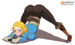  1girl absurdres arm_rest ass bangs blonde_hair blue_eyes blush breasts flexible hands_on_ground highres jack-o&#039;_challenge large_breasts meme pointy_ears pose princess_zelda short_hair solo spread_legs stretch the_legend_of_zelda the_legend_of_zelda:_breath_of_the_wild the_legend_of_zelda:_breath_of_the_wild_2 top-down_bottom-up wide_spread_legs yanje 