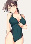  1girl alternate_costume animal_ears black_ribbon black_swimsuit breasts brown_eyes brown_hair cleavage collarbone competition_swimsuit covered_navel cowboy_shot dog_ears embarrassed gertrud_barkhorn gradient gradient_background green_swimsuit grey_background guchiaki hair_between_eyes hair_ribbon highleg highleg_swimsuit highres looking_at_viewer medium_breasts one-piece_swimsuit ribbon solo strike_witches swimsuit twintails unzipped wet wet_clothes world_witches_series zipper 