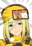  1girl ashiomi_masato blonde_hair blue_eyes closed_mouth eyebrows_visible_through_hair guilty_gear guilty_gear_xrd hat long_hair looking_at_viewer millia_rage simple_background smile solo white_background 