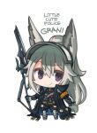  1girl animal_ears arknights armband armor blue_jacket blue_pants brown_shirt character_request chibi closed_mouth commentary grani_(arknights) greaves grey_hair hair_between_eyes hip_vent holding holding_polearm holding_spear holding_weapon horse_ears horse_girl horse_tail jacket long_hair open_clothes open_jacket pants polearm police police_uniform ponytail purple_eyes ran_system shirt smile spear tail uniform visor visor_lift weapon wide-eyed 