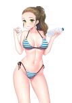  1girl banglinh1997 bikini bottle breasts brown_hair cleavage green_eyes highres large_breasts legs_apart navel original ponytail side-tie_bikini smile solo striped striped_bikini swimsuit thick_thighs thighs water_bottle white_background 