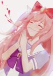  1girl absurdres agnes_digital_(umamusume) animal_ears blood bow closed_eyes commentary_request hair_bow hair_ribbon hands_clasped highres horse_ears horse_girl long_hair nosebleed own_hands_together pink_hair praying ribbon simple_background smile solo sparkle umamusume white_background 