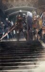  4others ambiguous_gender armor commentary_request dark_souls_(series) facing_viewer full_armor helm helmet highres holding holding_polearm holding_shield holding_spear holding_sword holding_weapon indoors lothric_knight mono_(jdaj) multiple_others polearm realistic shield spear stairs sword weapon 