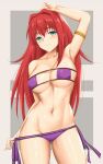  1girl aozaki_aoko aqua_eyes arciealbano arm_behind_head arm_up armlet armpits bangs bare_shoulders bikini bikini_pull blush breasts cleavage clothes_pull collarbone commentary_request cosplay eyebrows_visible_through_hair eyepatch_bikini fate/grand_order fate_(series) highres large_breasts long_hair looking_at_viewer mahou_tsukai_no_yoru minamoto_no_raikou_(fate) minamoto_no_raikou_(swimsuit_lancer)_(fate) minamoto_no_raikou_(swimsuit_lancer)_(fate)_(cosplay) navel purple_bikini red_hair smile solo sweat sweatdrop swimsuit thighs wet 