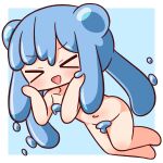  &gt;_&lt; 1girl :d bangs barefoot blue_background blue_hair blush chibi closed_eyes convenient_censoring double_bun eyebrows_visible_through_hair facing_viewer full_body groin hair_between_eyes half_slime-chan hana_kazari hands_on_own_face hands_up highres long_hair monster_girl navel nude open_mouth original slime_(substance) slime_girl smile solo two-tone_background very_long_hair white_background xd 