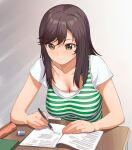  1girl a1 bangs blush breasts brown_eyes brown_hair cleavage closed_mouth commentary_request green_shirt ichijou_hotaru large_breasts layered_shirt long_hair non_non_biyori shirt short_sleeves solo striped striped_shirt swept_bangs t-shirt tank_top writing 