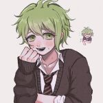  1boy amami_rantarou bangs blush brown_neckwear cfbs1vykihkwxbw clenched_hand closed_eyes collarbone danganronpa_(series) danganronpa_v3:_killing_harmony diagonal-striped_neckwear diagonal_stripes green_eyes green_hair highres long_sleeves looking_at_viewer messy_hair multiple_views necktie open_mouth shiny shiny_hair short_hair sleeves_past_wrists sleeves_pushed_up striped striped_neckwear sweatdrop teeth 