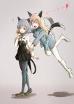  2girls ? absurdres animal_ears black_neckwear black_skirt black_tail blonde_hair boots breasts cat_ears cat_tail closed_eyes dog_ears dog_tail eila_ilmatar_juutilainen green_eyes grey_background grey_legwear greyscale highres jumping knee_boots loafers long_hair medium_breasts monochrome multiple_girls necktie open_mouth pantyhose sanya_v._litvyak shoes skirt strike_witches tail tail_wagging toritoratori waist_bow world_witches_series 