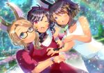  3girls ;d ahoge animal_ear_fluff animal_ears au_ra bangs bare_arms bare_shoulders black_hair blue_pants blurry blurry_background bow breasts brown-framed_eyewear brown_hair cleavage closed_mouth day depth_of_field dress eyebrows_visible_through_hair eyes_visible_through_hair final_fantasy final_fantasy_xiv girl_sandwich glasses green_eyes hair_bow hair_over_one_eye hug kou_hiyoyo lens_flare medium_breasts multicolored_hair multiple_girls one_eye_closed open_mouth outdoors pants parted_lips puffy_short_sleeves puffy_sleeves purple_eyes rabbit_ears red_bow red_dress red_eyes sandwiched scales short_sleeves smile streaked_hair tank_top viera watch white_hair white_tank_top wristwatch 