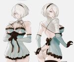 1girl :o ass bandaged_arm bandages black_gloves black_headband blue_eyes blue_gloves breasts cosplay eyebrows gloves hands_together headband kaine_(nier) kaine_(nier)_(cosplay) medium_breasts mole mole_under_mouth nier nier_(series) nier_automata revealing_clothes simple_background tommy_(kingdukeee) trait_connection two-tone_gloves white_background yorha_no._2_type_b 