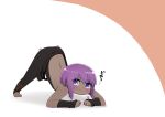  1girl black_leotard dark-skinned_female dark_skin eyebrows_visible_through_hair fate/prototype fate/prototype:_fragments_of_blue_and_silver fate_(series) hassan_of_serenity_(fate) highres jack-o&#039;_challenge leotard looking_at_viewer meme purple_eyes purple_hair top-down_bottom-up two-tone_background wide_spread_legs 