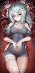  1girl absurdres bandaged_leg bandaged_neck bandages bare_shoulders blood blood_bag blue_dress breasts cleavage clothing_cutout commentary_request cowboy_shot dress girls&#039;_frontline grey_eyes grey_hair hair_between_eyes hand_on_own_stomach highres intravenous_drip ka941 korean_commentary large_breasts long_hair looking_at_viewer lying messy_hair on_back pool_of_blood ribeyrolles_(girls&#039;_frontline) short_dress shoulder_cutout side_cutout solo thighs 