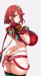  1girl :o asanagi ass black_gloves black_legwear breasts commentary duplicate earrings fingerless_gloves from_behind gloves headpiece highres huge_breasts jewelry looking_at_viewer pink_background pixel-perfect_duplicate pyra_(xenoblade) red_eyes red_hair short_hair simple_background solo symbol-shaped_pupils thighhighs translation_request xenoblade_chronicles_(series) xenoblade_chronicles_2 
