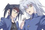  2boys bakura_ryou bangs between_fingers black_hair black_shirt blue_jacket closed_mouth commentary_request dice dice_earrings domino_high_school_uniform earrings gakuran green_eyes hair_between_eyes jacket jewelry long_hair looking_at_viewer male_focus multiple_boys necklace open_clothes open_jacket open_mouth otogi_ryuuji pointy_hair ponytail school_uniform shirt simple_background smile talgi upper_body white_background white_hair yellow_eyes yu-gi-oh! yu-gi-oh!_duel_monsters 