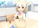  1girl absurdres alternate_costume animal_ears bangs bench blonde_hair blue_skirt blurry blurry_background bob_cut bow bowtie brown_eyes commentary depth_of_field dress_shirt fennec_(kemono_friends) fox_ears fox_tail highres holding_own_tail indoors kemono_friends lens_flare looking_at_viewer miniskirt open_mouth pink_neckwear plaid plaid_skirt pleated_skirt school_uniform shiraha_maru shirt short_hair short_sleeves skirt smile solo sparkle standing sweater sweater_vest tail v-neck white_shirt wing_collar yellow_sweater 