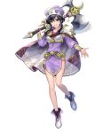  1girl ankle_boots armor asatani_tomoyo axe bangs battle_axe belt black_hair boots breastplate cape collarbone dress fire_emblem fire_emblem:_genealogy_of_the_holy_war fire_emblem_heroes full_body hat highres holding holding_weapon larcei_(fire_emblem) long_sleeves looking_at_viewer official_art open_mouth over_shoulder purple_dress purple_eyes shiny shiny_hair short_dress short_hair short_sleeves shoulder_armor sidelocks smile solo thigh_strap thighs transparent_background weapon weapon_over_shoulder 