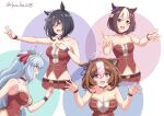  4girls absurdres adapted_costume ahoge animal_ears bare_shoulders belt black_hair blue_eyes blue_hair braid breasts brown_hair choker cleavage collarbone common_race_outfit_(umamusume) corset eishin_flash_(umamusume) eyebrows_visible_through_hair fuusuke_(fusuke208) hand_on_own_chest highres horse_ears horse_girl large_breasts long_hair medium_breasts meisho_doto_(umamusume) mejiro_ardan_(umamusume) midriff multicolored_hair multiple_girls open_hands open_mouth outstretched_arm pink_hair purple_eyes scrunchie short_hair special_week_(umamusume) streaked_hair sweat twitter_username two-tone_hair umamusume white_hair white_scrunchie wrist_straps 