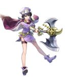  1girl ankle_boots armor asatani_tomoyo axe battle_axe belt black_hair boots cape dress fire_emblem fire_emblem:_genealogy_of_the_holy_war fire_emblem_heroes full_body hat highres holding holding_weapon larcei_(fire_emblem) long_sleeves looking_away official_art open_mouth purple_dress purple_eyes shiny shiny_hair short_dress short_hair short_sleeves shoulder_armor sidelocks smile solo thigh_strap transparent_background weapon 