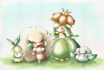  :d commentary_request cottonee gen_5_pokemon grass highres lilligant no_humans open_mouth orange_eyes petilil pokemon pokemon_(creature) smile standing tom_sawyer_(yos-soya-nagaya) tongue whimsicott 