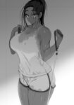  1girl bangs breasts covered_nipples dark-skinned_female dark_skin exercise large_breasts medium_hair monochrome original ponytail short_shorts shorts solo sweat tank_top youshu_ohepe 