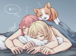  2girls aiiro_bokujuu bang_dream! bare_arms blonde_hair blue_background closed_eyes dog long_hair lying maruyama_aya multiple_girls on_bed on_person on_stomach pillow pink_hair shirasagi_chisato signature sleeping sleeping_on_person sweat symbol-only_commentary thought_bubble translated under_covers yuri 