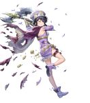  1girl ankle_boots armor asatani_tomoyo axe bangs battle_axe black_hair boots cape dress fire_emblem fire_emblem:_genealogy_of_the_holy_war fire_emblem_heroes full_body hat highres holding holding_weapon larcei_(fire_emblem) leg_up long_sleeves looking_away official_art one_eye_closed parted_lips purple_eyes shiny shiny_hair short_dress short_hair short_sleeves shoulder_armor sidelocks solo teeth thigh_strap torn_cape torn_clothes transparent_background weapon 