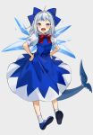  1girl bangs blue_dress blue_eyes blue_hair blunt_bangs cirno cirno_(cosplay) cosplay dress fish_tail gawr_gura gotou_(nekocat) hair_ornament highres hololive hololive_english ice ice_wings medium_hair multicolored_hair puffy_short_sleeves puffy_sleeves shark_girl shark_hair_ornament shark_tail sharp_teeth short_sleeves silver_hair solo streaked_hair tail teeth touhou two_side_up virtual_youtuber wings 