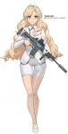  1girl absurdres assault_rifle bangs black_soldier blonde_hair closed_mouth forehead full_body gun h&amp;k_hk416 highres holding holding_gun holding_weapon jacket long_hair long_sleeves looking_at_viewer military original red_eyes rifle shorts simple_background smile solo standing weapon white_background white_footwear white_jacket white_shorts 