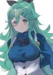  1girl :t absurdres bangs black_ribbon blue_ribbon blue_sweater blush breasts dress dyson_(edaokunnsaikouya) green_eyes green_hair hair_between_eyes hair_flaps hair_ornament hair_ribbon hairclip highres kantai_collection long_hair long_sleeves looking_at_viewer medium_breasts official_alternate_costume ribbon simple_background skirt solo suspenders sweater upper_body white_background white_skirt yamakaze_(kancolle) 