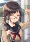  1girl absurdres apartment bag bangs beige_cardigan blurry blurry_background brown_eyes brown_hair cardigan collarbone commentary english_commentary eyebrows_visible_through_hair glasses hair_between_eyes highres holding holding_hair long_hair long_sleeves looking_at_viewer low_twintails midorikawa_you mole mole_on_neck neckerchief original outdoors pout red_neckwear sailor_collar shiny shiny_hair shoulder_bag sidelocks solo swept_bangs twintails upper_body 
