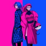  1boy 1girl blue_background blue_hair breasts closed_mouth contrast dress earrings english_commentary fashion feet_out_of_frame hands_in_pockets highres houndstooth james_(pokemon) jessie_(pokemon) jewelry pink_background pink_dress pink_hair poke_ball_symbol pokemon pokemon_(anime) sinful_hime team_rocket thighhighs 