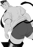  1boy animal_ears ass bara blush boxers cat_boy cat_ears cat_tail check_copyright copyright_request crotchless crotchless_pants edging_underwear feet_out_of_frame from_behind greyscale hat looking_at_viewer looking_back male_focus male_underwear maou_abusorun monochrome muscular muscular_male necktie original pants short_hair sideburns solo spikes tail tail_raised thick_thighs thighs underwear 