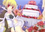  1girl bangs bio_lab black_gloves blonde_hair blush bottle breasts brown_cape brown_dress cake candy cape checkerboard_cookie chocolate chocolate_heart commentary_request cookie cuffs cupcake double_bun dress eyebrows_visible_through_hair feet_out_of_frame food fur-trimmed_cape fur-trimmed_gloves fur_trim gift gingerbread_man gloves gyorui_(yakiudonnn) hair_between_eyes handcuffs heart high_wizard_(ragnarok_online) kathryne_keyron lollipop looking_at_viewer medium_breasts ragnarok_online red_eyes short_dress short_hair solo strapless strapless_dress two-sided_cape two-sided_fabric two-tone_dress white_cape white_dress wine_bottle 