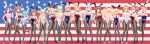  6+girls :q absurdres ahoge alternate_costume alternate_hairstyle american_flag american_flag_background anchor_hair_ornament animal_ears aqua_hair arm_up atlanta_(kancolle) bangs black_legwear black_nails blue_eyes blue_footwear blue_hair blue_leotard blue_neckwear blush bow bowtie braid breasts brown_hair cargo_net cleavage clenched_hand closed_mouth colorado_(kancolle) detached_collar double_bun drill_hair earrings everyone fake_animal_ears fake_tail flag_background fletcher_(kancolle) full_body gambier_bay_(kancolle) glasses gradient gradient_hair green_eyes grey_hair hair_between_eyes hair_bobbles hair_ornament hand_on_hip helena_(kancolle) high_heels highres holding honolulu_(kancolle) hornet_(kancolle) houston_(kancolle) intrepid_(kancolle) iowa_(kancolle) jewelry johnston_(kancolle) kantai_collection large_breasts leg_up leotard light_brown_hair long_hair medal medium_breasts mikan_29344886 multicolored_hair multiple_girls nail_polish necktie northampton_(kancolle) one_eye_closed open_mouth pantyhose pink_hair playboy_bunny ponytail purple_eyes rabbit_ears rabbit_tail red_footwear red_hair red_leotard red_neckwear samuel_b._roberts_(kancolle) saratoga_(kancolle) short_hair simple_background single_earring small_breasts smile smokestack_hair_ornament south_dakota_(kancolle) standing star_(symbol) star_earrings tail tongue tongue_out twin_drills twintails two_side_up w washington_(kancolle) white_footwear white_hair white_leotard white_neckwear wrist_cuffs 