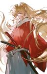  1boy bangs brown_hair closed_mouth floating_hair gintama highres japanese_clothes katana long_hair long_sleeves looking_at_viewer maosen okita_sougo ponytail red_eyes red_shirt shirt simple_background sleeves_past_wrists smile solo standing sword traditional_clothes very_long_hair weapon white_background 