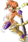  animal_ears blush breasts breath_of_fire breath_of_fire_ii bustier cat_ears cat_tail dr.p facial_mark furry gloves green_eyes medium_breasts no_pants orange_hair panties pointy_ears red_hair rinpoo_chuan short_hair solo staff tail underwear 