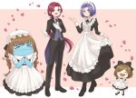  1boy 1girl absurdres apron blue_hair commentary crossdressing gen_1_pokemon gen_2_pokemon highres james_(pokemon) jessie_(pokemon) maid maid_apron meowth petals pokemon pokemon_(anime) pokemon_(creature) red_hair rose_petals tsukino_mi wobbuffet 