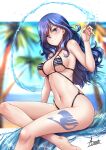  1girl adsouto bangs barefoot bikini blue_eyes blue_hair blurry blurry_background blush breasts cleavage closed_mouth collarbone eyebrows_visible_through_hair fairy_tail hair_between_eyes highres juvia_lockser large_breasts leg_tattoo long_hair looking_at_viewer navel shiny shiny_hair sideboob signature sitting smile solo striped striped_bikini swimsuit tattoo underboob water 