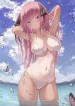  1girl arms_behind_head arms_up ass_visible_through_thighs bikini black_bikini breasts bug butterfly cloud collarbone commentary cowboy_shot crop_top day front-tie_top go-toubun_no_hanayome hair_ribbon halter_top halterneck highres large_breasts long_hair looking_at_viewer marinesnow nakano_nino navel outdoors parted_lips pink_hair purple_eyes ribbon see-through short_sleeves side-tie_bikini smile solo standing stomach string_bikini sunlight swimsuit tan tanlines two_side_up wading water wet wet_clothes 