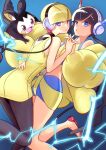  2girls absurdres bangs bare_arms black_hair blonde_hair blue_eyes blunt_bangs cable commentary dress dual_persona elesa_(pokemon) emolga flats gen_5_pokemon hand_up headphones highres holding_hands jacket leg_up multiple_girls off_shoulder open_clothes open_jacket pantyhose parted_lips pokemon pokemon_(creature) pokemon_(game) pokemon_bw pokemon_bw2 red_footwear sawada2 shiny shiny_hair short_hair_with_long_locks sleeveless sleeveless_dress yellow_dress yellow_jacket 