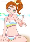  1girl beach bikini boh_stick bow breasts brown_hair cleavage collarbone day green_eyes grin hair_bow halterneck highres long_hair natsuumi_manatsu navel ocean outdoors precure shiny shiny_hair side_ponytail sitting small_breasts smile solo striped striped_bikini swimsuit tropical-rouge!_precure v yellow_bow 