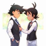  2boys adjusting_neckwear alternate_costume ash_ketchum bangs black_hair black_vest blue_eyes blush brown_eyes buttons closed_mouth collared_shirt commentary_request eyelashes from_side goh_(pokemon) grey_pants hand_in_pocket long_sleeves male_focus multiple_boys necktie pants pokemon pokemon_(anime) pokemon_swsh_(anime) shirt short_hair smile tama!_(lazyturtle) vest white_shirt 