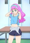  1girl aozora_middle_school_uniform bangs blue_eyes blue_hairband blue_shirt boh_stick bra bra_peek closed_mouth clothes_pull collarbone collared_shirt hairband highres indoors laura_(precure) locker locker_room long_hair midriff navel open_clothes open_shirt pink_bra pink_hair precure sailor_collar sailor_shirt school_uniform shiny shiny_hair shirt short_shorts shorts smile solo standing stomach swimsuit_pull tropical-rouge!_precure underwear very_long_hair white_sailor_collar 