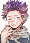  1boy absurdres animal_ears bandaid bandaid_on_nose bangs blush bobobo_(oi_nanimitendayo) boku_no_hero_academia cat_ears commentary_request ear_piercing earrings face grin hand_up highres jewelry looking_at_viewer male_focus piercing purple_hair scarf shinsou_hitoshi simple_background smile solo spiked_hair teeth upper_body 