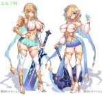  2girls animal armor axe bangs battle_axe bird blonde_hair blue_eyes blush braid breasts cape closed_mouth commentary_request copyright_name elf elf_village fingernails garter_straps green_eyes hair_ornament hair_over_one_eye hand_on_hip hand_up high_heels highres kukuru_(elf_village) large_breasts leotard long_sleeves looking_at_viewer mataro_(matarou) microskirt mole mole_under_eye multiple_girls navel original pointy_ears revealing_clothes ribbed_legwear ribbed_leotard shadow shiny shiny_hair shiny_skin short_hair shoulder_armor sidelocks signature skirt smile standing stomach sword thighhighs tied_hair underboob weapon white_background white_legwear 