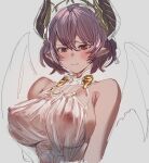  1girl areolae bare_shoulders blush bow_(bhp) breasts covered_nipples cowboy_shot cropped_torso grea_(shingeki_no_bahamut) hair_between_eyes horns large_breasts manaria_friends nipples pointy_ears purple_hair red_eyes see-through shingeki_no_bahamut short_hair sketch solo white_background 