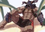  1boy abs absurdres bara bare_shoulders black_male_swimwear bulge chest_harness dark-skinned_male dark_skin draph erection erection_under_clothes fake_horns feet_out_of_frame gauntlets glowing glowing_eyes granblue_fantasy harness helmet highres horned_helmet horns huge_filesize large_pectorals looking_at_viewer male_focus male_swimwear muri_(43848994) muscular muscular_male navel pectoral_cleavage pectorals presenting red_eyes red_male_swimwear sidepec solo spread_legs stomach sweat swim_briefs thick_thighs thighs vaseraga 
