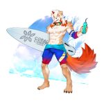  1boy abs animal_ears arknights bangs bara bare_pectorals bare_shoulders black_male_swimwear brown_fur bulge dog_boy dog_ears dog_tail fluffy full_body furry furry_male goggles goggles_around_neck holding holding_surfboard horns hung_(arknights) jammers looking_at_viewer male_focus male_swimwear medium_hair multicolored_hair navel nipples official_style orange_eyes orange_hair pectorals single_horn sokimi_(sosojovan) solo stomach streaked_hair surfboard tail thighs toned toned_male two-tone_fur white_fur white_hair 