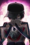  1boy 50k_v3 ahoge bangs black_hair black_headwear black_pants broken_glass brown_eyes buttons commentary_request covered_mouth danganronpa_(series) danganronpa_v3:_killing_harmony glass gloves hat holding iei jacket long_sleeves male_focus pants pink_background saihara_shuuichi short_hair solo striped striped_jacket white_background x 