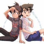  2boys arm_support ash_ketchum back-to-back bangs brown_eyes brown_hair brown_pants closed_mouth commentary covered_navel from_side goh_(pokemon) grey_shirt hair_between_eyes looking_back male_focus multiple_boys open_mouth pants pokemon pokemon_(anime) pokemon_swsh_(anime) shirt short_sleeves shorts sitting smile tama!_(lazyturtle) tongue wet wet_clothes wet_shirt white_shirt 